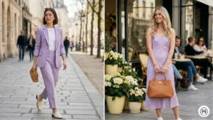 4- Lavender: Elegant lavender fashion outfits including structured blazers and slip dresses for a fresh spring 2026 look.