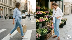 4: A split image showing the relaxed spring outfit formula of an oversized linen shirt paired with
