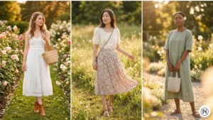 IMG 04 Three women in cottagecore spring outfits — prairie dress, floral midi skirt, and sage linen dress