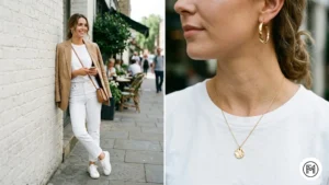 Outfit 4: A smart-casual outfit with white jeans, a white tee, and a tan blazer.