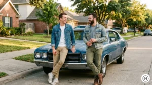 5. Weekend Casual

A genuine candid shot of two friends leaning against a vintage car. One wears a medium wash denim jacket over a white tee and khaki chinos. The other in a distressed light wash denim jacket, grey tee, and olive pants with brown leather boots. Warm afternoon golden hour lighting.

