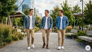 5: Casual weekend layering with a medium blue denim jacket over a white tee and straight-cut khaki pants.