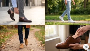 (Shoes): A collage showing leather loafers, white sneakers, and suede boots being maintained with cedar shoe trees.