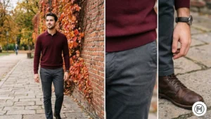 Image 6 (Burgundy + Charcoal): Sophisticated fall color combination of a burgundy polo and charcoal grey chinos near a brick wall with autumn ivy. 