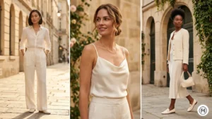 5- Warm White & Ivory: Minimalist quiet luxury aesthetic featuring all-ivory linen trousers and warm white silk camisoles.