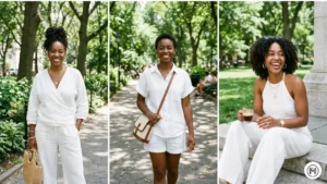 5. Bright White Linen Co-ord Alt Text: Three Black women showcasing different ways to style a bright white linen co-ord set with gold jewelry and natural hair. 
