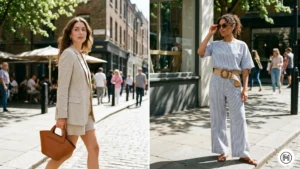 5:: Two fashionable women wearing matching spring co-ord sets, elevated by single standout accessories like a sculptural bag and a woven belt.