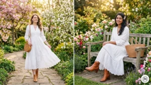 IMG 05 Two women wearing white prairie dresses with ankle boots and woven bags — cottagecore spring outfit