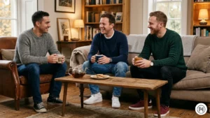 6. Cozy Everyday

Three men in a cozy indoor fall setting. They are wearing knit crewneck sweaters in grey, navy, and forest green, paired with various denim washes. Soft diffused lighting, they are drinking tea and chatting. Homely, warm atmosphere.

