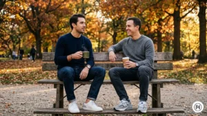 6: Comfortable fall outfit for men featuring a grey crewneck sweater, dark wash jeans, and black sneakers.