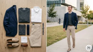 Rule 6 (Neutrals): A split image showing a flat-lay of navy, charcoal, and beige clothes alongside a man wearing a coordinated neutral-toned outfit.