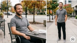 Image 7 (Grey + Black): Modern monochrome outfit for men with a grey polo and black chinos paired with grey sneakers in a city street setting. 