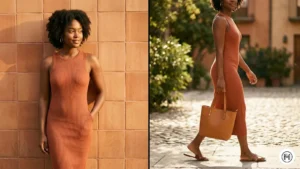 6. Warm Terracotta Midi Dress Alt Text: Aesthetic shots of a Black woman in a terracotta midi dress, emphasizing warm earth tones and leather accessories. 