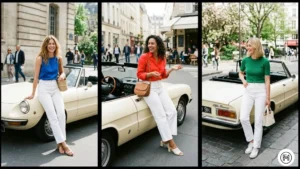 6: A collage of three women wearing crisp white jeans paired with bold, saturated colored tops in cobalt blue, tomato red, and emerald green.