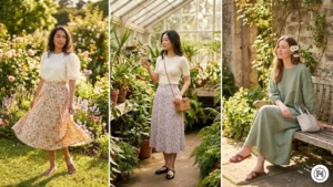 IMG 06 Three women in cottagecore spring outfits — floral midi skirt with puff blouse and sage green linen dress