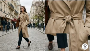 Outfit 6: A Parisian-style outfit with a belted trench coat over skinny jeans and loafers.