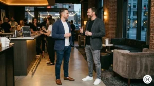 7. Casual Sharp

Two men at a creative networking event in a lounge. Left: Navy unstructured blazer over a white tee and slim dark jeans. Right: Charcoal blazer over a black tee and grey jeans with white leather sneakers. Ambient evening indoor lighting.


