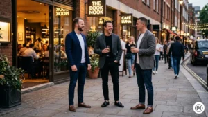 7: Sharp casual look combining a navy blazer with a grey t-shirt, slim dark jeans, and clean loafers.