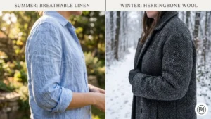 Rule 7 (Fabrics): Close-up textures of a breathable light blue linen shirt for summer and a heavy-duty wool coat for winter.