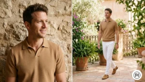 Image 8 (Camel + White): Bright early fall outfit featuring a warm camel-colored polo and crisp white chinos with tan loafers in soft sunlight. 