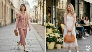 7- Sheer Layering: Romantic sheer layering trend for spring 2026 featuring floral sheer blouses over satin camisoles.