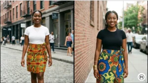7. African Wax Print Wrap Skirt + Tee Alt Text: Modern styling of African wax print wrap skirts paired with simple tees on Black women in a city setting. 
