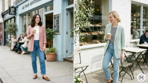 7: Two women demonstrating a smart-casual spring outfit formula: a pastel unstructured blazer over a simple tee and straight-leg jeans.