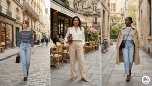 IMG 07 Three women in French girl spring outfits — Breton stripe top, silk blouse trousers, trench coat over shoulders