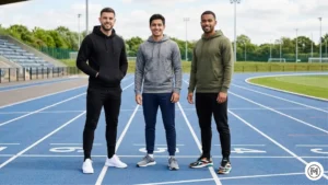 8. Athleisure

Energetic shot of three men on a modern running track. They are wearing premium hoodies and tapered joggers in black, grey marl, and olive green. Paired with clean, modern athletic trainers. Bright natural daylight.

