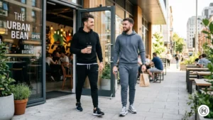 8: Modern athleisure style for men with a matching black hoodie and joggers set and athletic trainers.