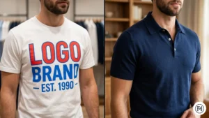 Rule 8 (Logos): A comparison between a shirt with a large distracting logo and a high-quality unbranded polo shirt, highlighting fabric quality.