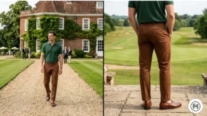 Image 9 (Forest Green + Brown): Heritage-inspired country style showing a forest green polo and dark brown chinos with polished leather boots. 