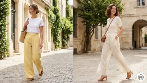 8- Wide-Leg Trousers: Women styling high-waisted wide-leg linen trousers in mint and butter yellow for spring 2026.