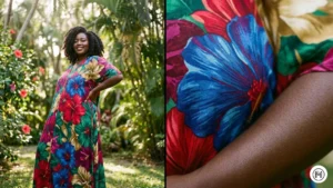 8. Bold Floral Maxi Dress (Large Scale) Alt Text: A Black woman wearing a large-scale graphic floral maxi dress, highlighting bold spring patterns and jewel tones. 