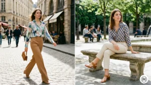 8: A split-screen showing how to style a printed blouse for spring by pairing it with well-cut neutral trousers in camel and cream.