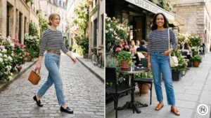 IMG 08 Two women in Breton stripe tops with light-wash jeans and loafers — classic French girl spring outfit