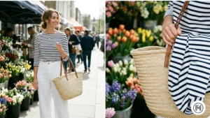 Outfit 8: A nautical spring look with a Breton top, navy wide-leg trousers, and a straw bag.