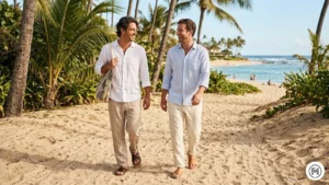 9. Summer Cool

Two men walking a sandy path near palm trees. Relaxed-fit linen button-downs in white and light blue stripes, paired with beige and cream linen trousers and leather sandals. Breezy, bright coastal vacation vibe.

