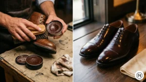 Rule 9 (Polishing): A person’s hands are polishing a brown leather boot next to a pair of finished, high-shine leather Oxford shoes.