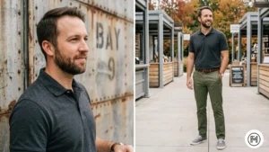 Image 10 (Charcoal + Olive): Muted modern tones for men featuring a charcoal grey polo and olive green chinos in a contemporary outdoor setting. 