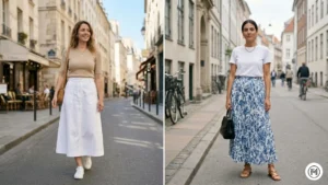 9- Return of the Maxi Skirt: Daytime spring outfits featuring structured white cotton maxi skirts and flowing printed skirts.