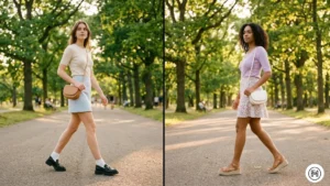 9: Two women wearing spring outfits consisting of a fitted ribbed knit top and an A-line mini skirt in pastel gingham and floral prints.