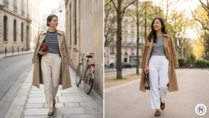 IMG 09 Two women in linen trousers with trench coats draped over shoulders — French girl spring street style