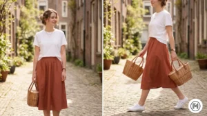 Outfit 9: A boho-casual look with a midi skirt, half-tucked white tee, and white trainers.