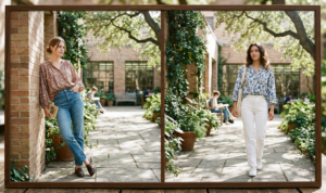 A framed triptych photograph showcasing casual layering in an open-air school corridor. The left panel shows a girl in a tiered white floral sundress and medium-wash oversized denim jacket; the center panel shows a student leaning against a brick pillar in a blue and white polka dot wrap dress and acid-wash denim jacket; the right panel is a back view showing a black jersey dress and distressed denim jacket.