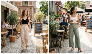 A two-panel diptych of women on a sunny cafe patio. Left: A woman wearing high-waist beige linen pants and a black crop top, carrying a woven tote. Right: A woman wearing sage green wide-leg trousers and a white structured crop top with a gold belt.