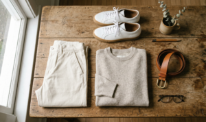 An overhead flat lay composition on a worn wooden table, featuring a pair of folded cream chinos, an oatmeal crewneck sweater, minimalist white leather sneakers, and a tan leather belt.