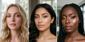 Three romantic rose gold makeup looks with shimmering pink-gold eyeshadow and soft rosy blush for a feminine aesthetic.