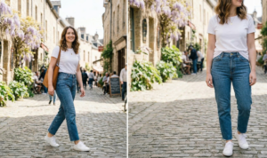 A full-length photograph of a young woman with wavy brown hair, identical to the person in the other panels. She is standing confidently in a blooming garden pathway, framed by a classic stone archway with a large wisteria bush and various colored flowers in the background. She wears a simple, black ribbed-knit midi dress with short cuffed sleeves and flat brown leather slide sandals. A cream-colored knit cardigan is draped loosely over her shoulders, and she wears layered gold necklaces. She is smiling warmly at the camera.