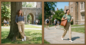 A framed diptych photograph featuring trendy layered outfits outside classroom doors. The left panel shows a girl full-body walking past doors marked 'History' in a midi-length blush pink satin slip dress layered over a plain white tee; the right panel is a closer shot of another student leaning against door '105' in a sage green slip dress over a white fitted tee.